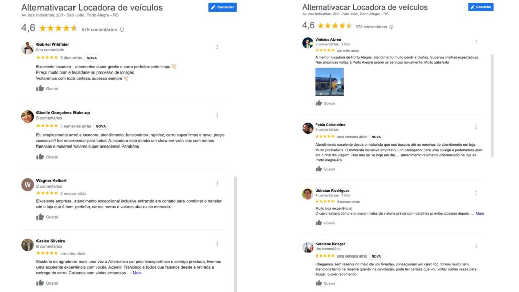 Olha só os feedbacks dessa locadora de carros em porto alegre